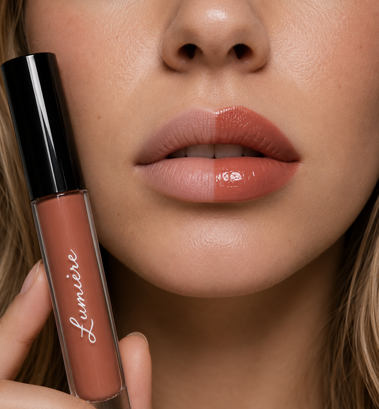 Before and after applying Lumière Caramel Silk lip gloss