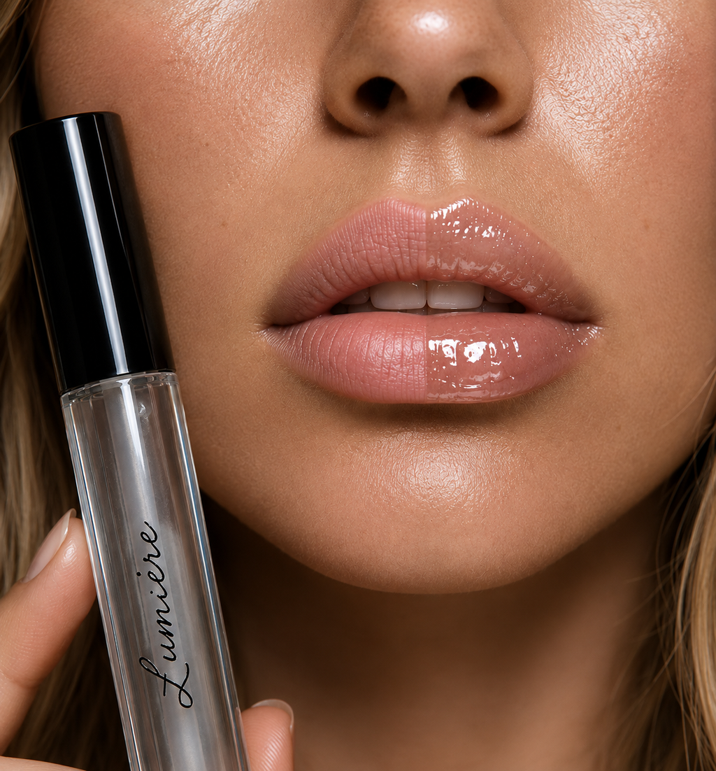 Before and after applying Lumière Crystal Glass lip gloss