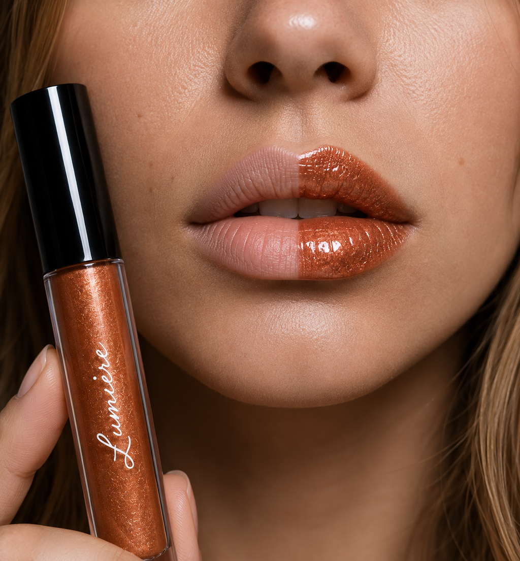 Before and after applying Lumière Gilded Copper lip gloss