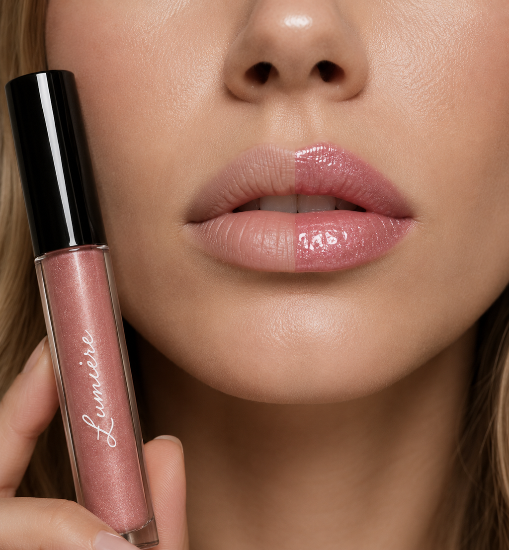 Before and after applying Lumière Mauve Glow lip gloss