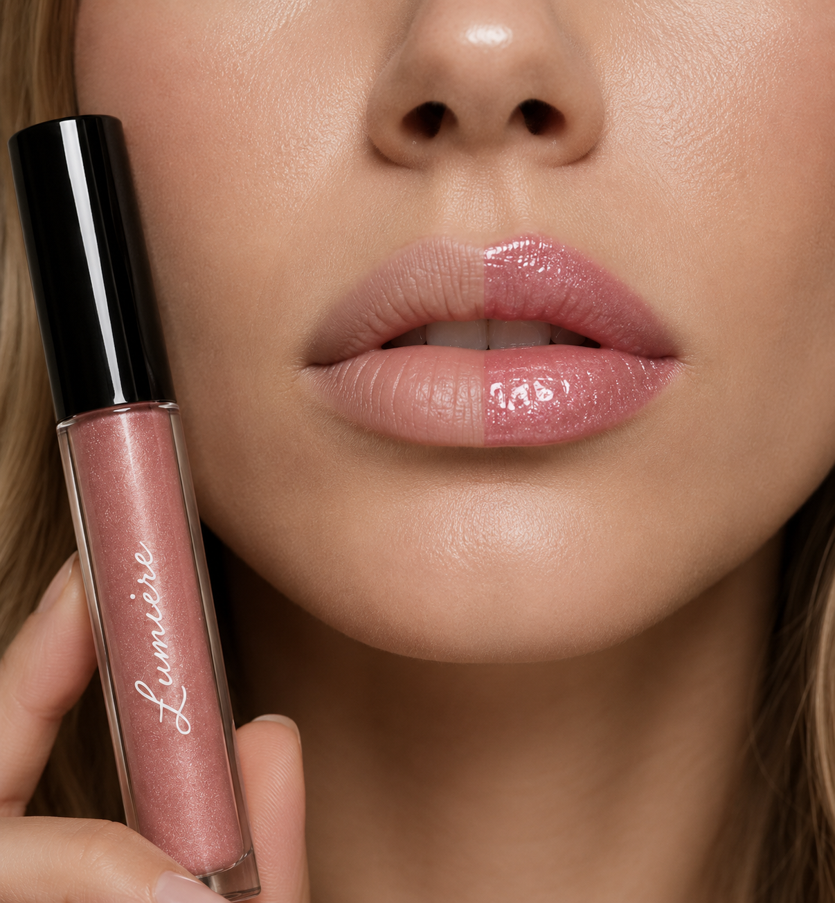 Before and after applying Lumière Mauve Glow lip gloss