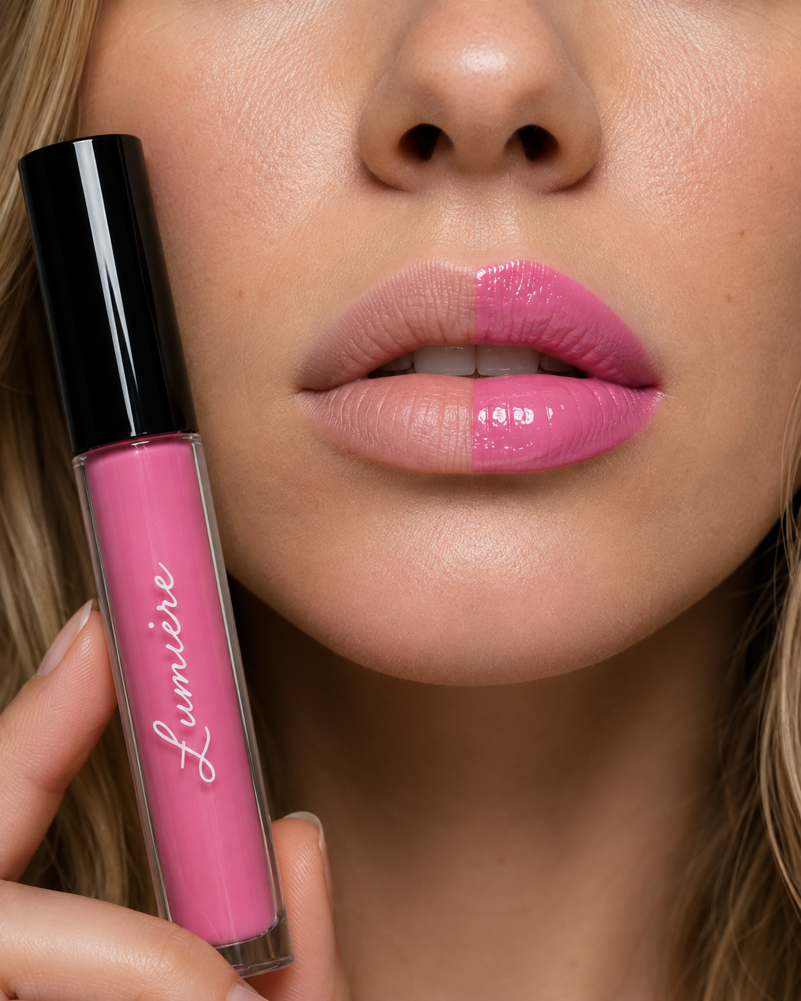 Before and after applying Lumière Pink Petal lip gloss
