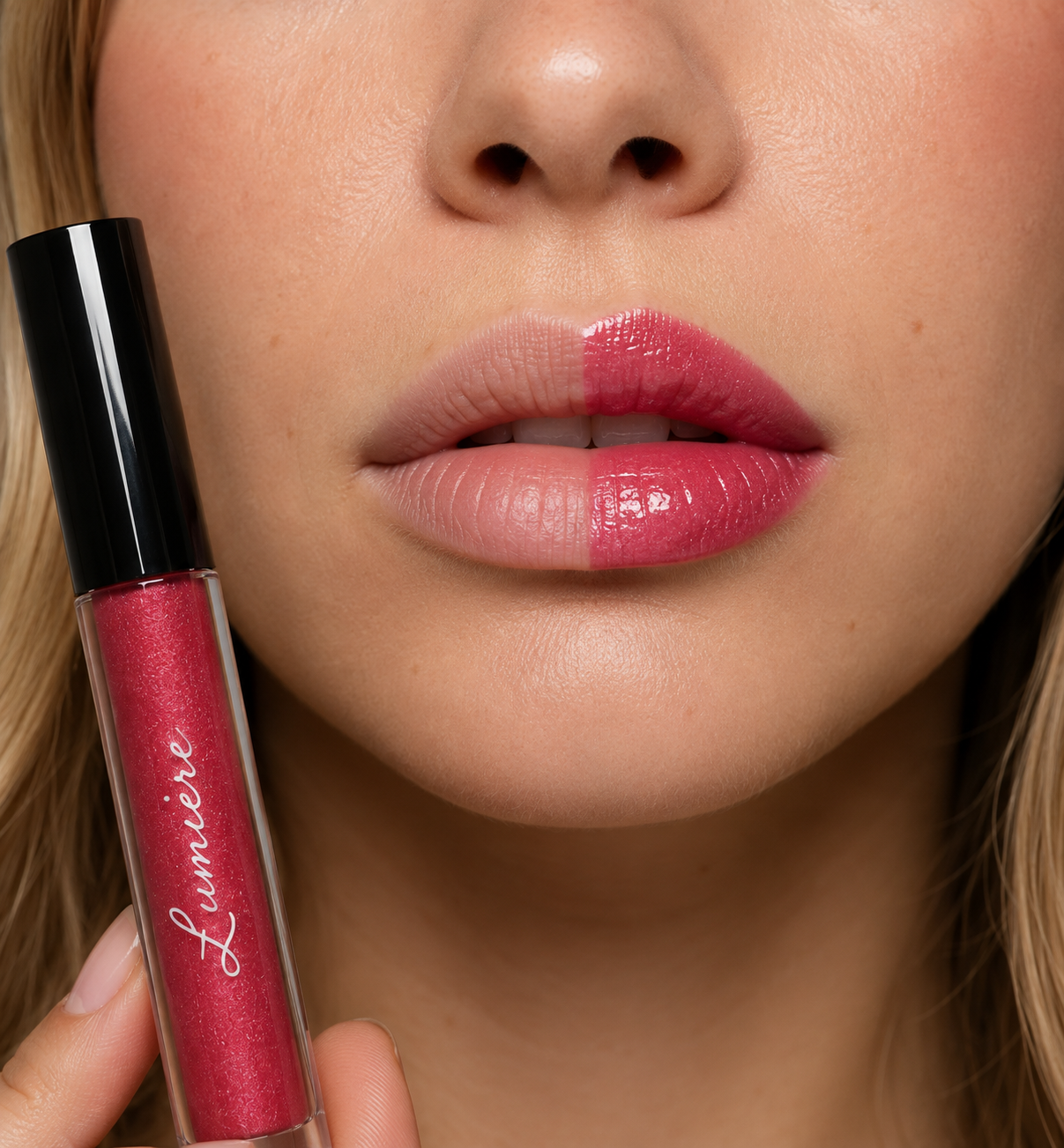 Before and after applying Lumière Ruby Glitz lip gloss