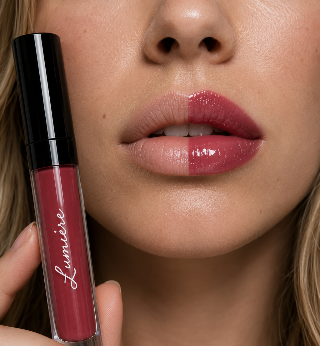 Before and after applying Lumière Velvet Rose lip gloss