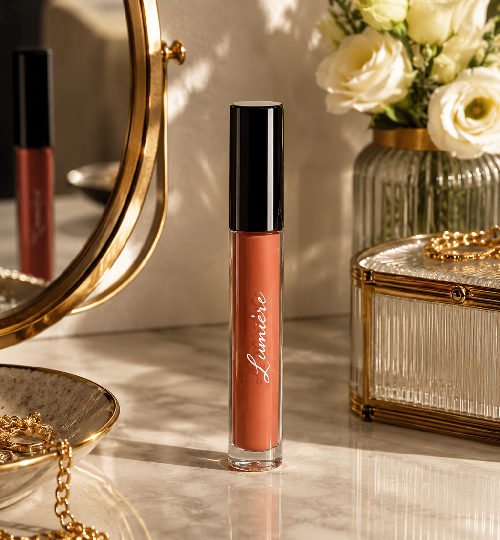Lumière Caramel Silk lip gloss on a marble vanity