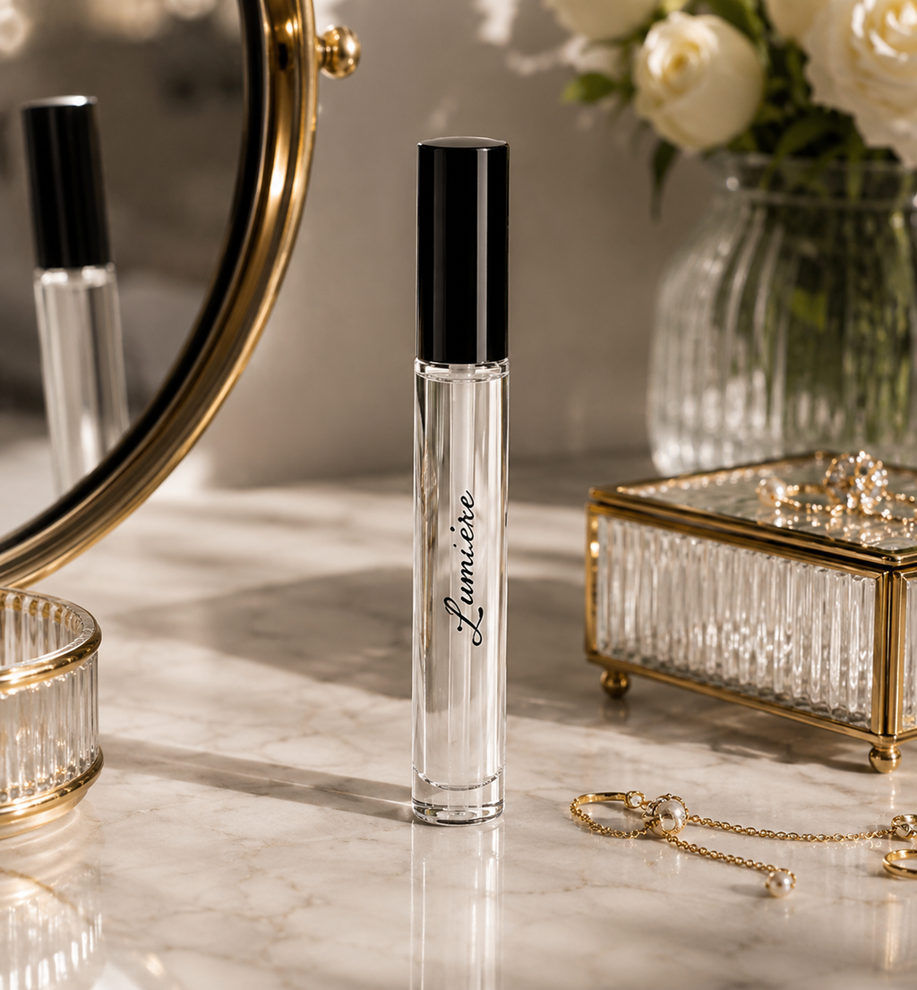 Lumière Crystal Glass lip gloss on a marble vanity