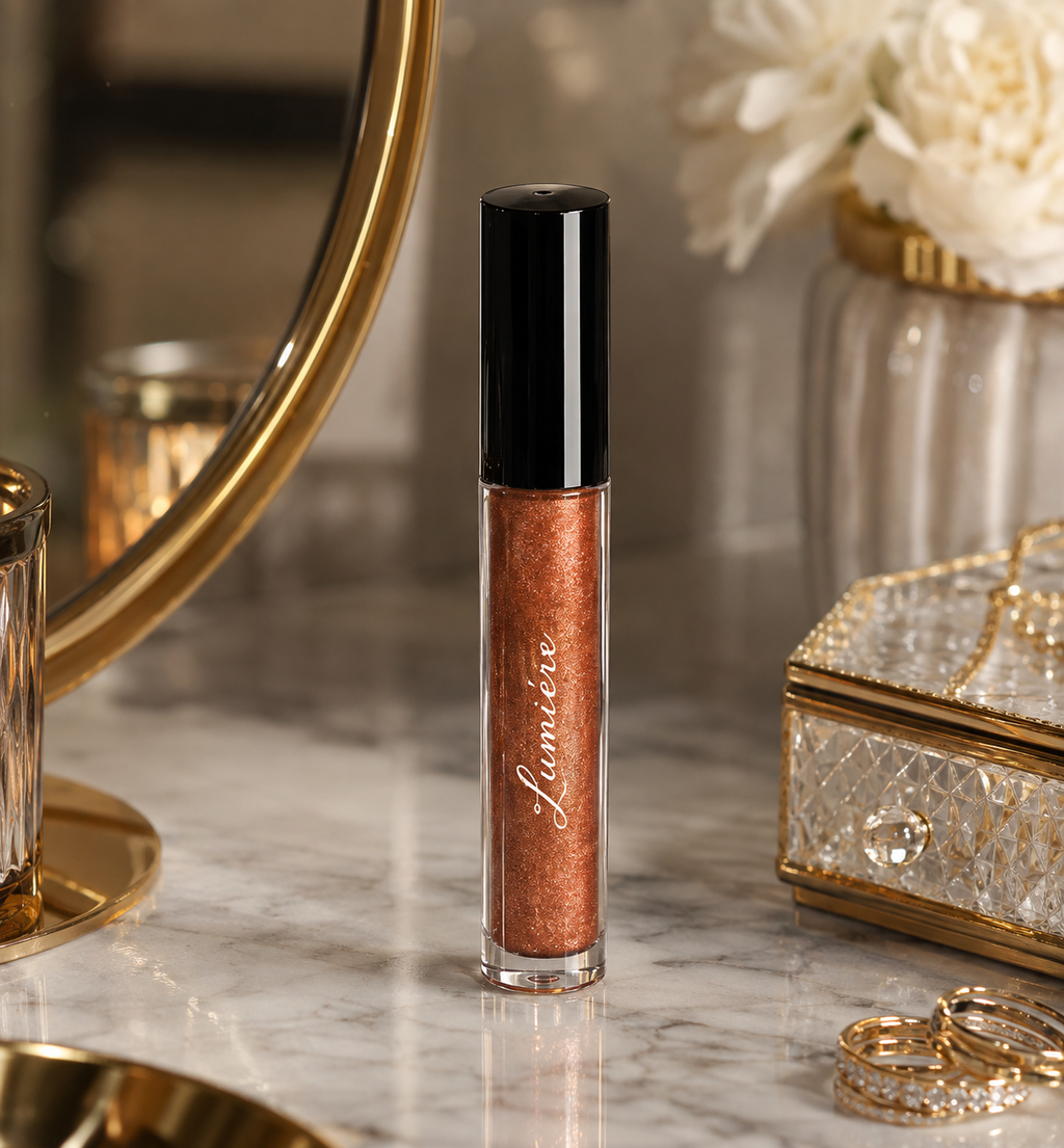 Lumière Gilded Copper lip gloss on a marble vanity