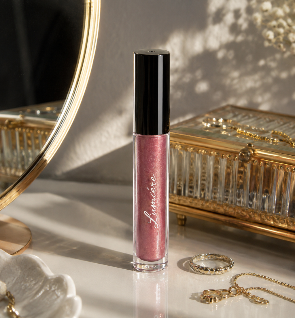Lumière Mauve Glow lip gloss on a marble vanity