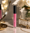 Lumière Pink Petal lip gloss on a marble vanity