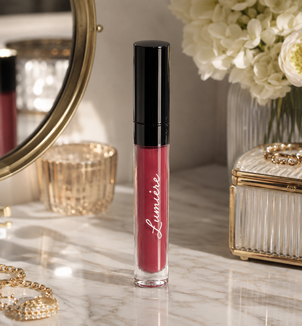 Lumière Velvet Rose lip gloss on a marble vanity