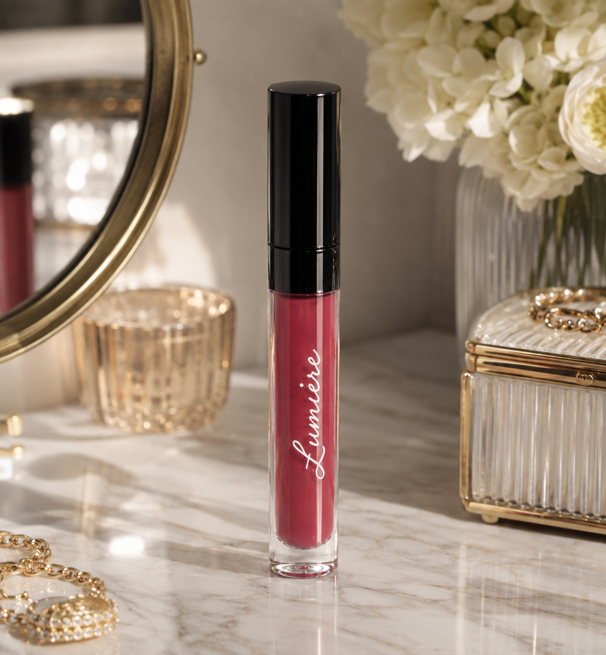 Lumière Velvet Rose lip gloss on a marble vanity