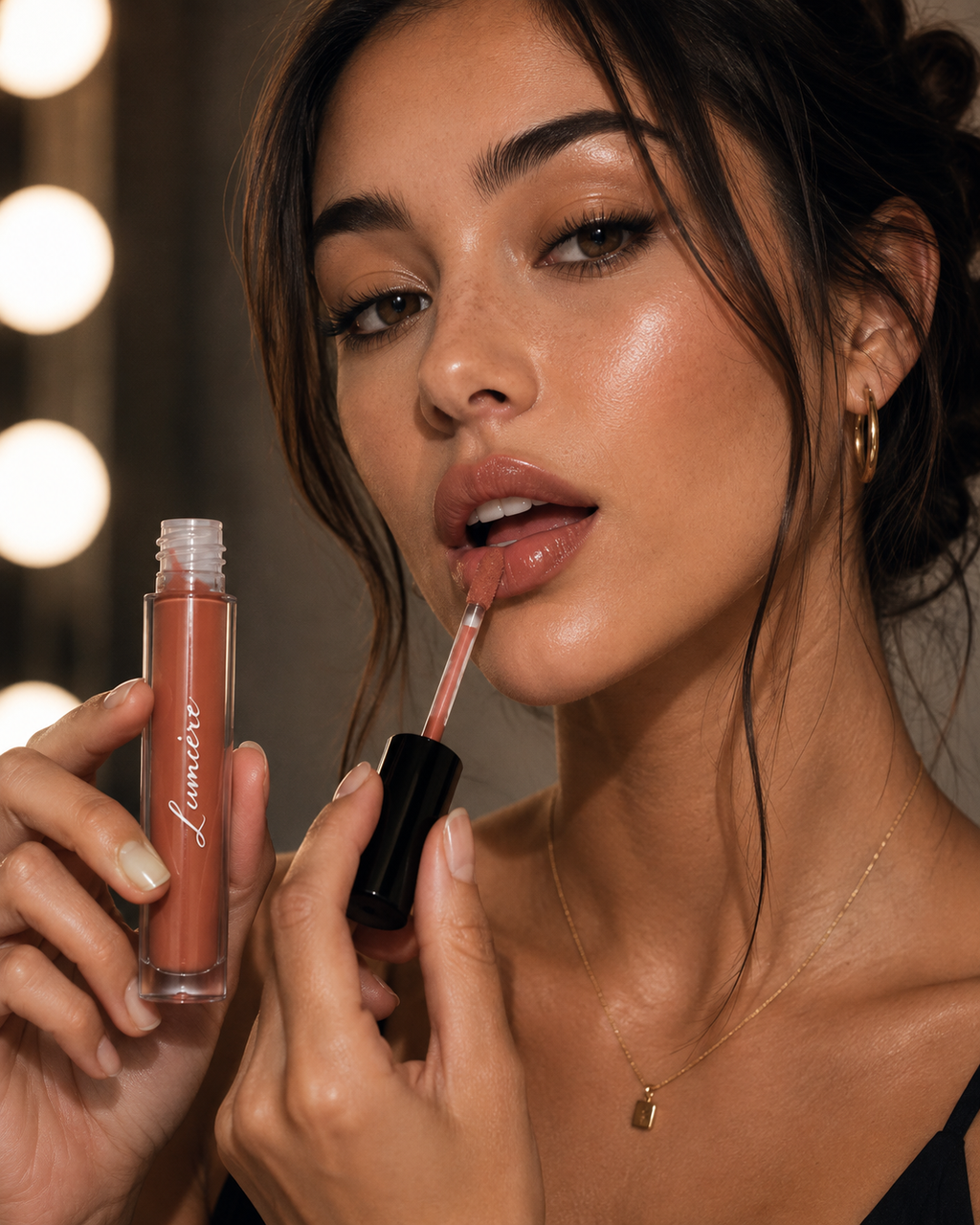 Model applying Lumière Caramel Silk lip gloss