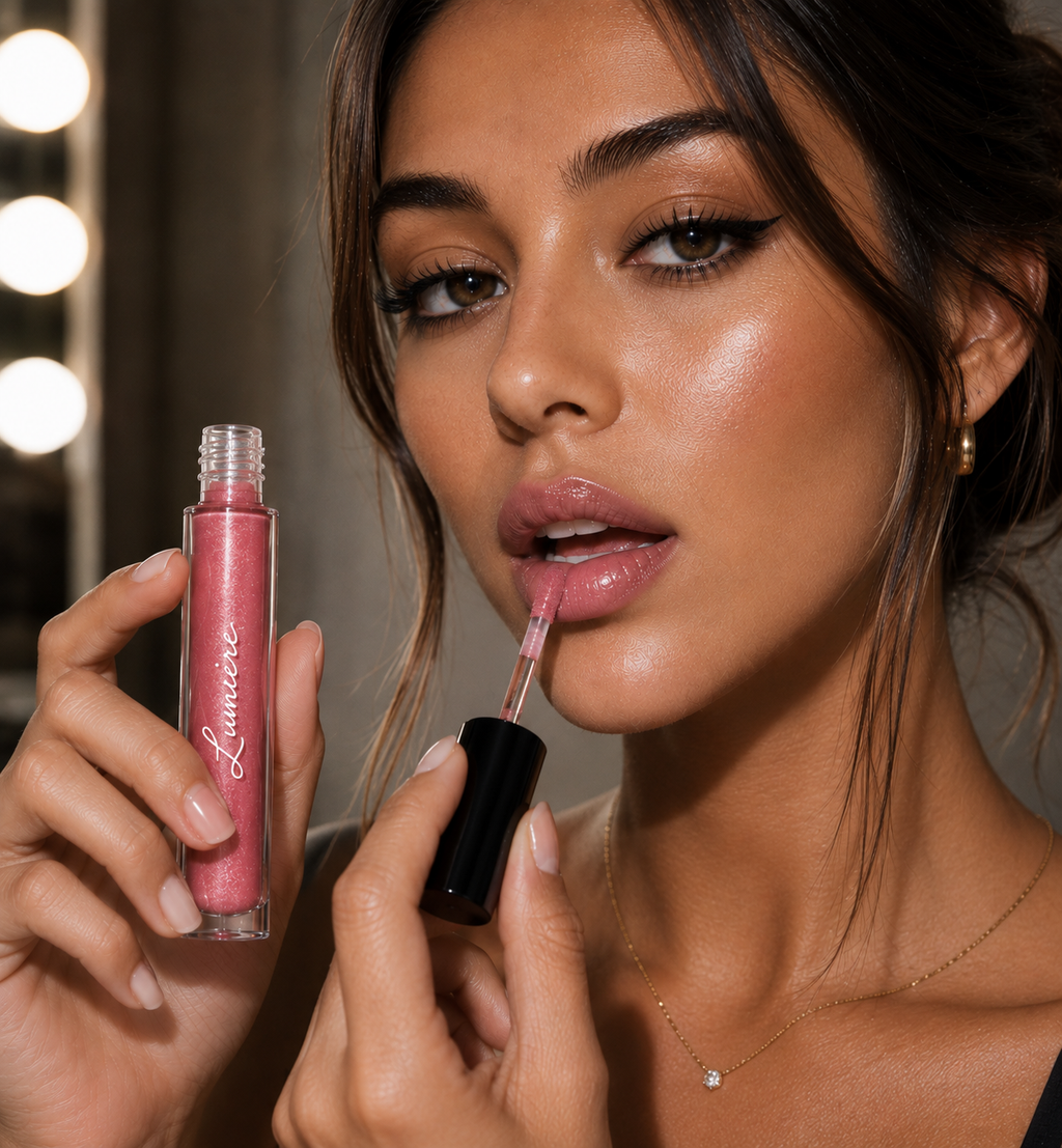 Model applying Lumière Mauve Glow lip gloss