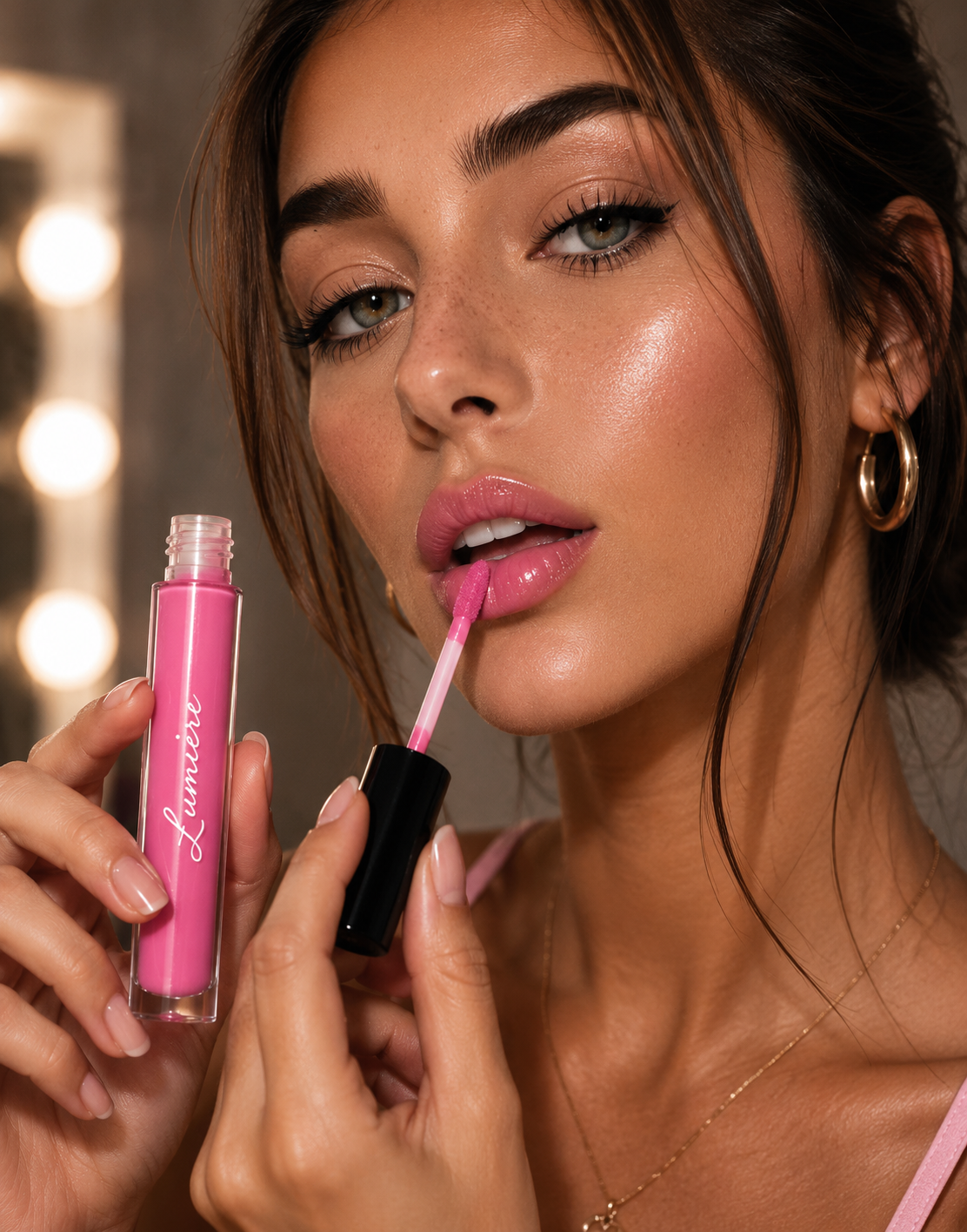 Model applying Lumière Pink Petal lip gloss