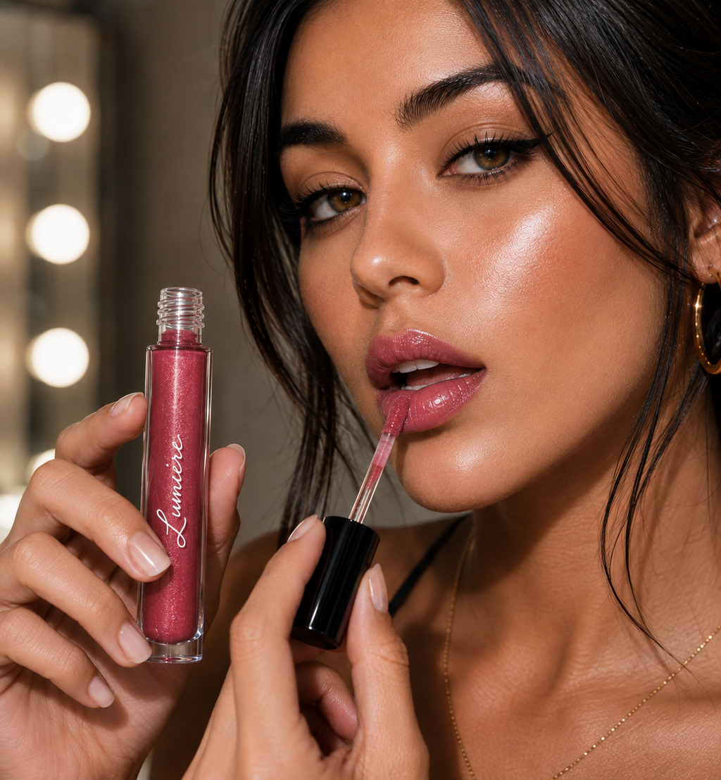 Model applying Lumière Ruby Glitz lip gloss
