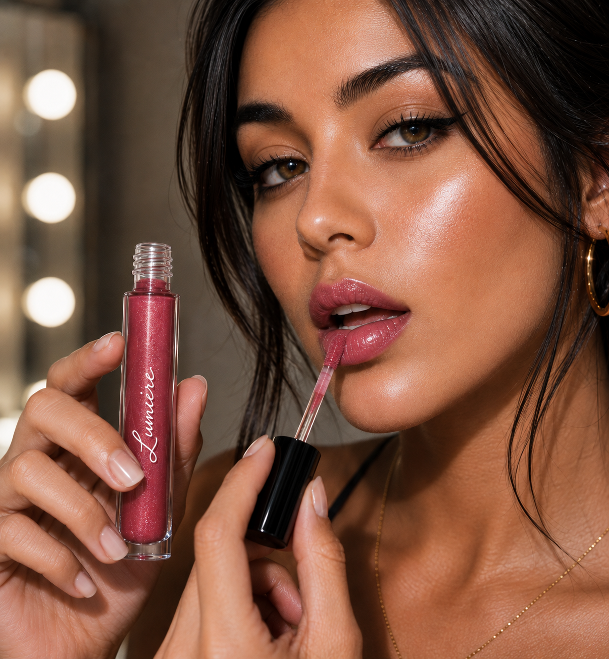 Model applying Lumière Ruby Glitz lip gloss