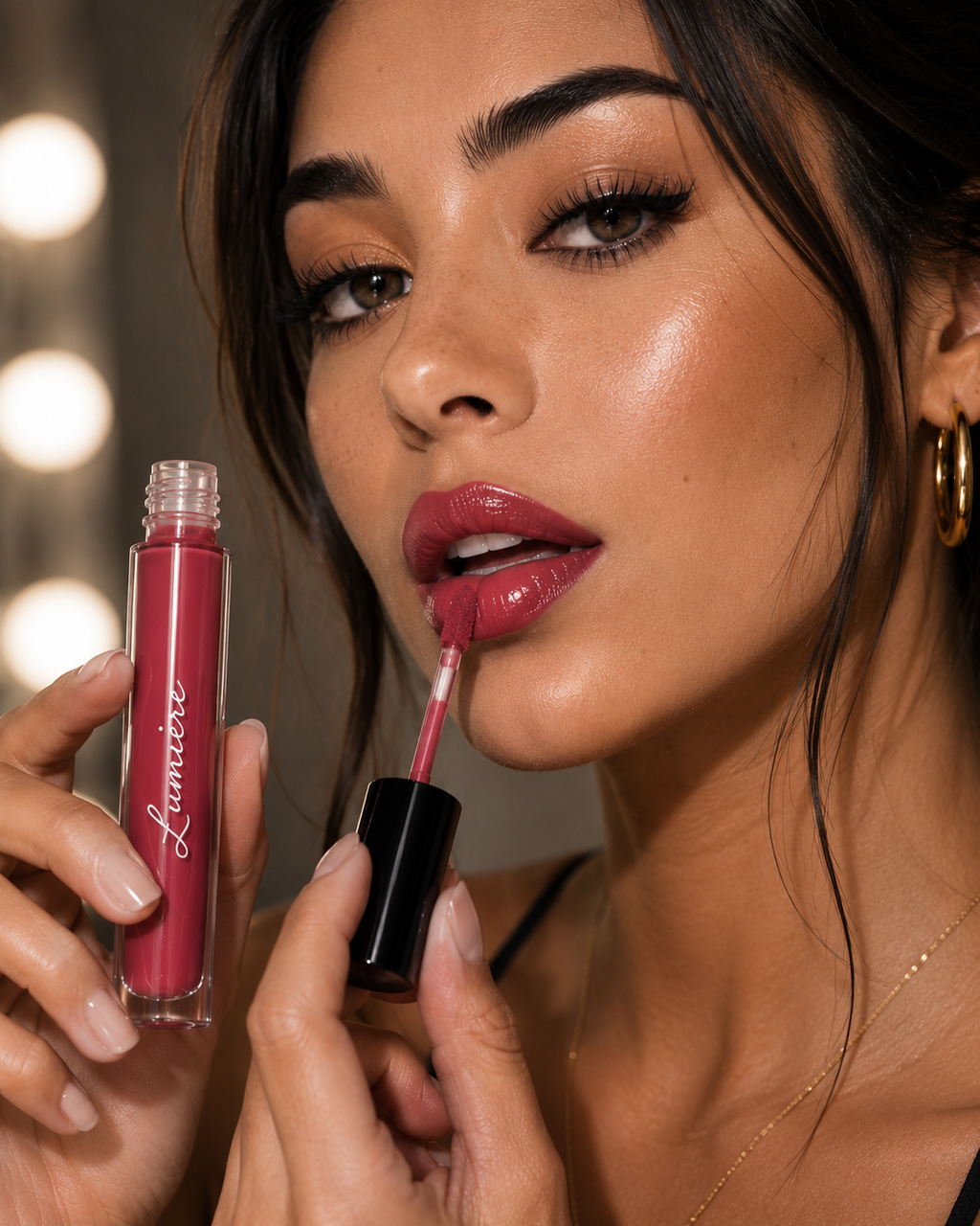 Model applying Lumière Velvet Rose lip gloss