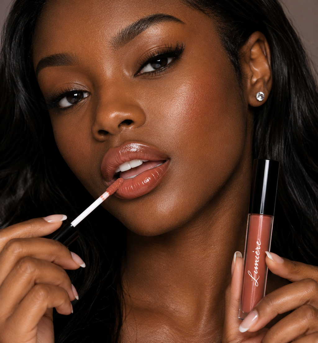 Model applying Lumière Caramel Silk lip gloss