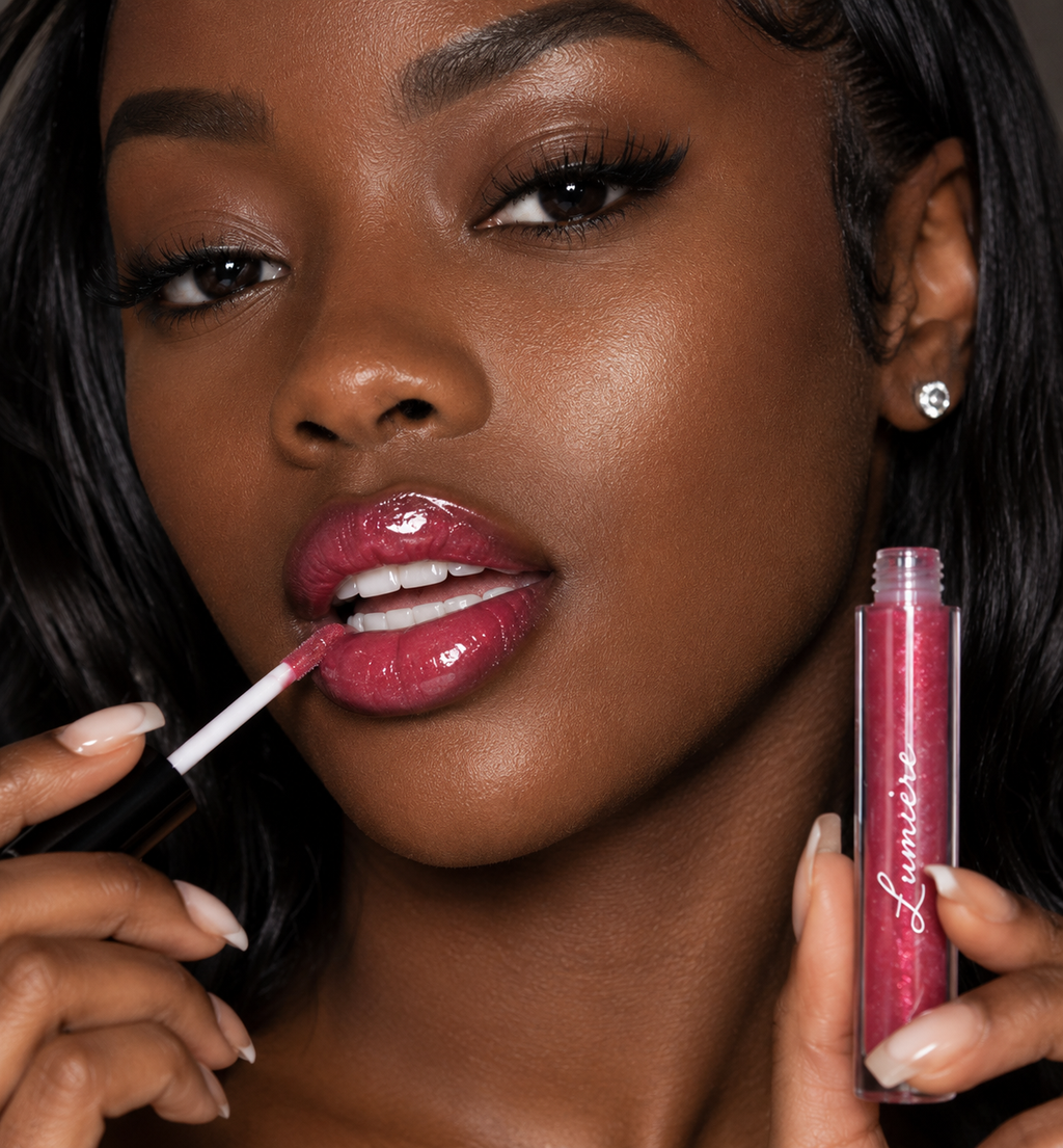 Model applying Lumière Ruby Glitz lip gloss