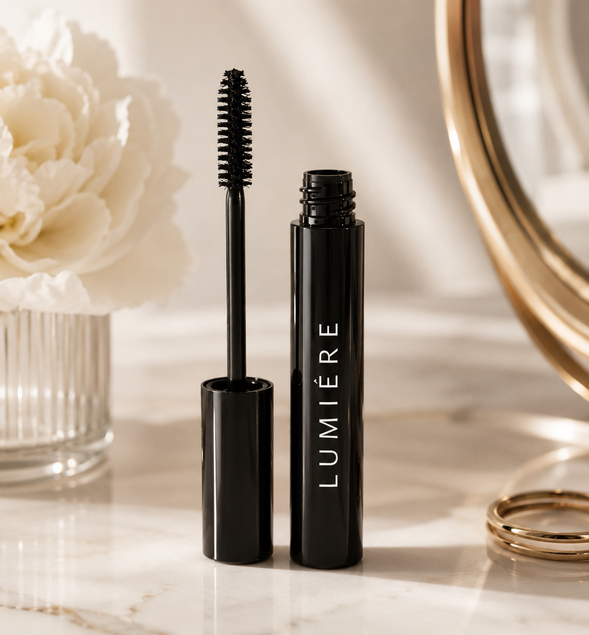 Lumière Noir Lash mascara on a marble vanity