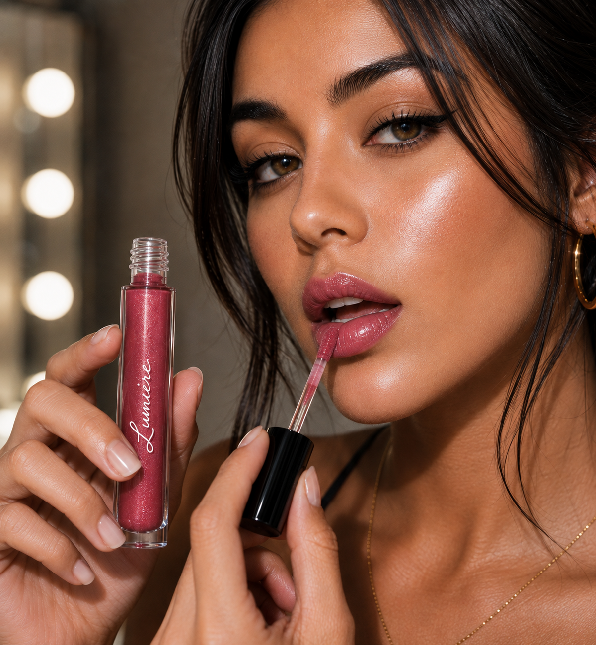 Model applying Lumière Ruby Glitz lip gloss